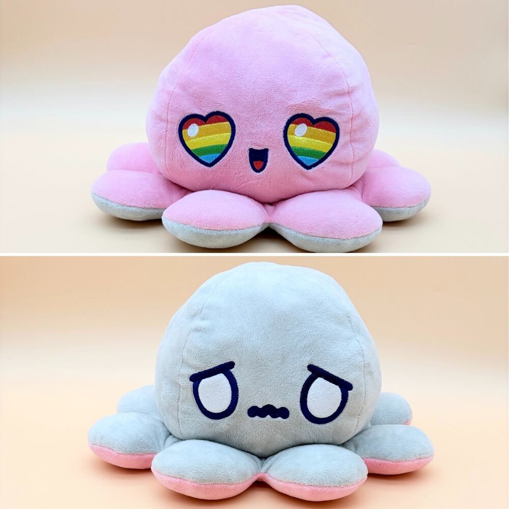TeeTurtle Reversible Octopus Plush Pink Gray Rainbow Pride Heart Eyes LGBTQ